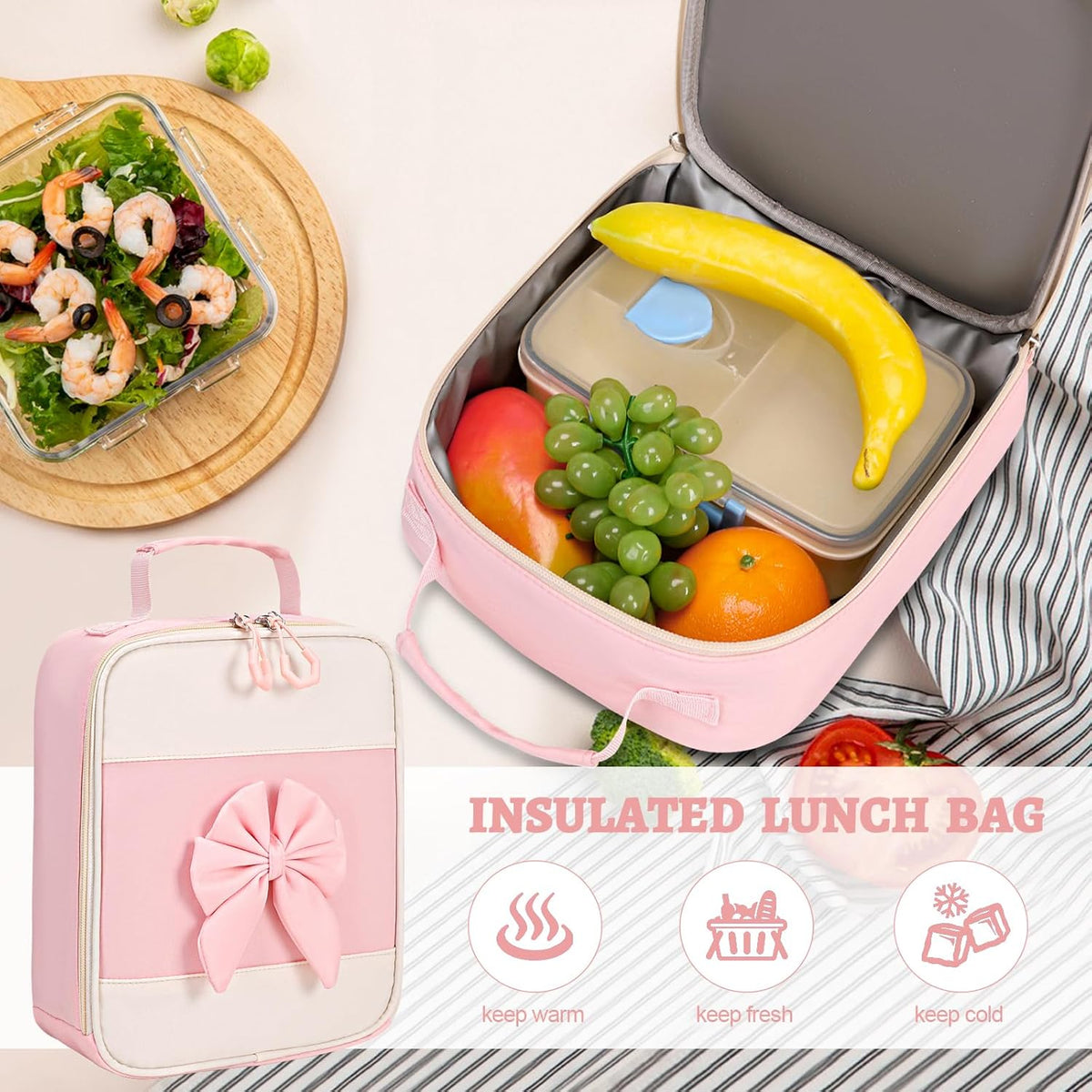 Girls Bow Backpack Set with Lunch Bag and Pencil Case 16.9 Inch School Bookbag for Kids Teens Beige-Pink