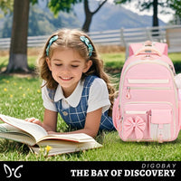 Girls Bow Backpack Set with Lunch Bag and Pencil Case 16.9 Inch School Bookbag for Kids Teens Beige-Pink