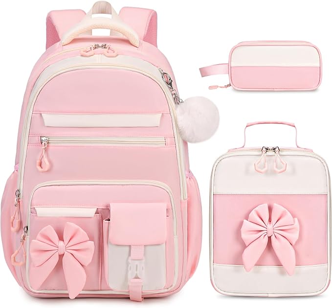 Girls Bow Backpack Set with Lunch Bag and Pencil Case 16.9 Inch School Bookbag for Kids Teens Beige-Pink