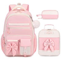 Girls Bow Backpack Set with Lunch Bag and Pencil Case 16.9 Inch School Bookbag for Kids Teens Beige-Pink