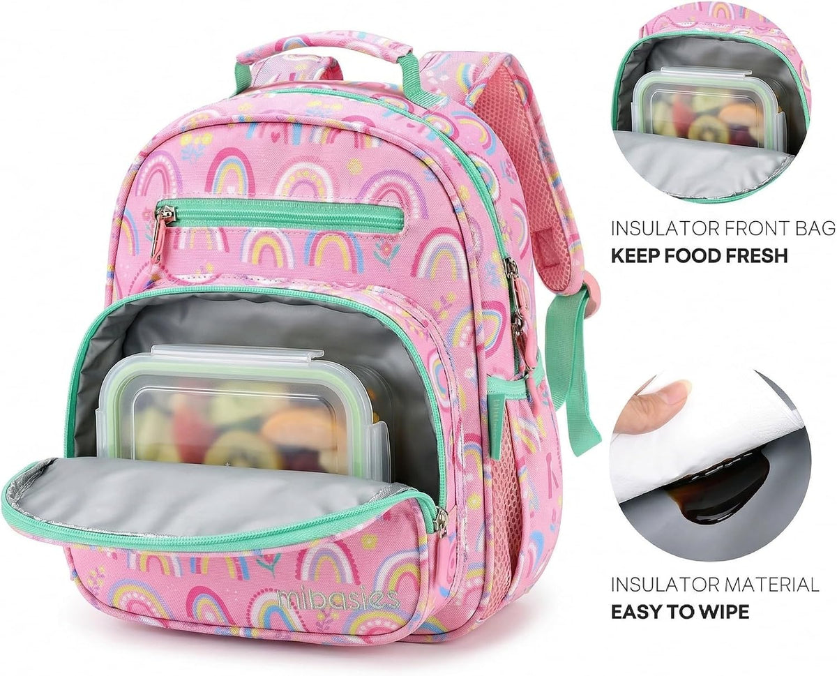Girls Lightweight Backpack 15 Inch Rainbow Elementary School Bookbag with Insulated Pocket
