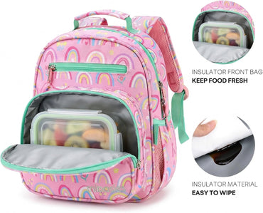 Girls Lightweight Backpack 15 Inch Rainbow Elementary School Bookbag with Insulated Pocket
