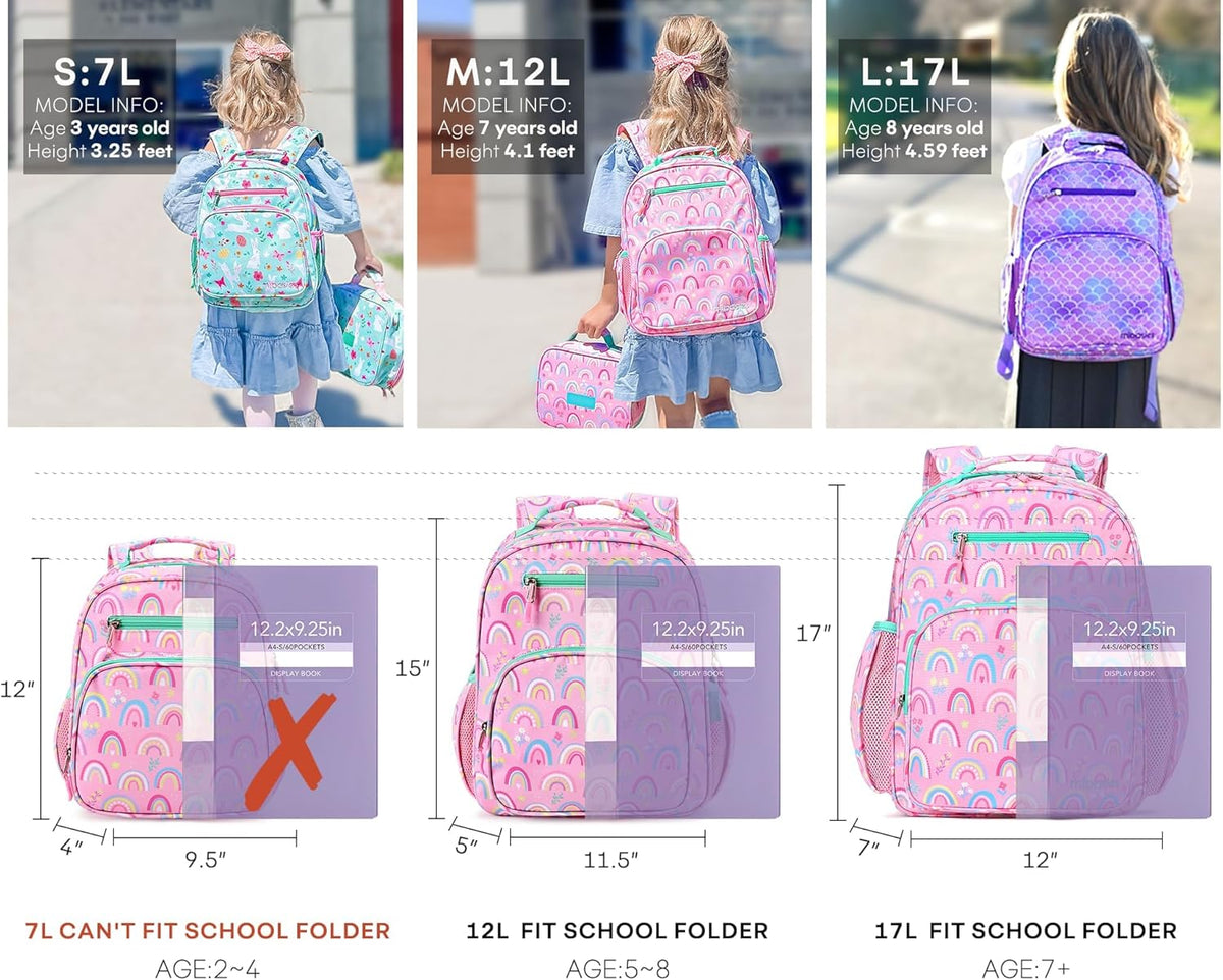 Girls Lightweight Backpack 15 Inch Rainbow Elementary School Bookbag with Insulated Pocket