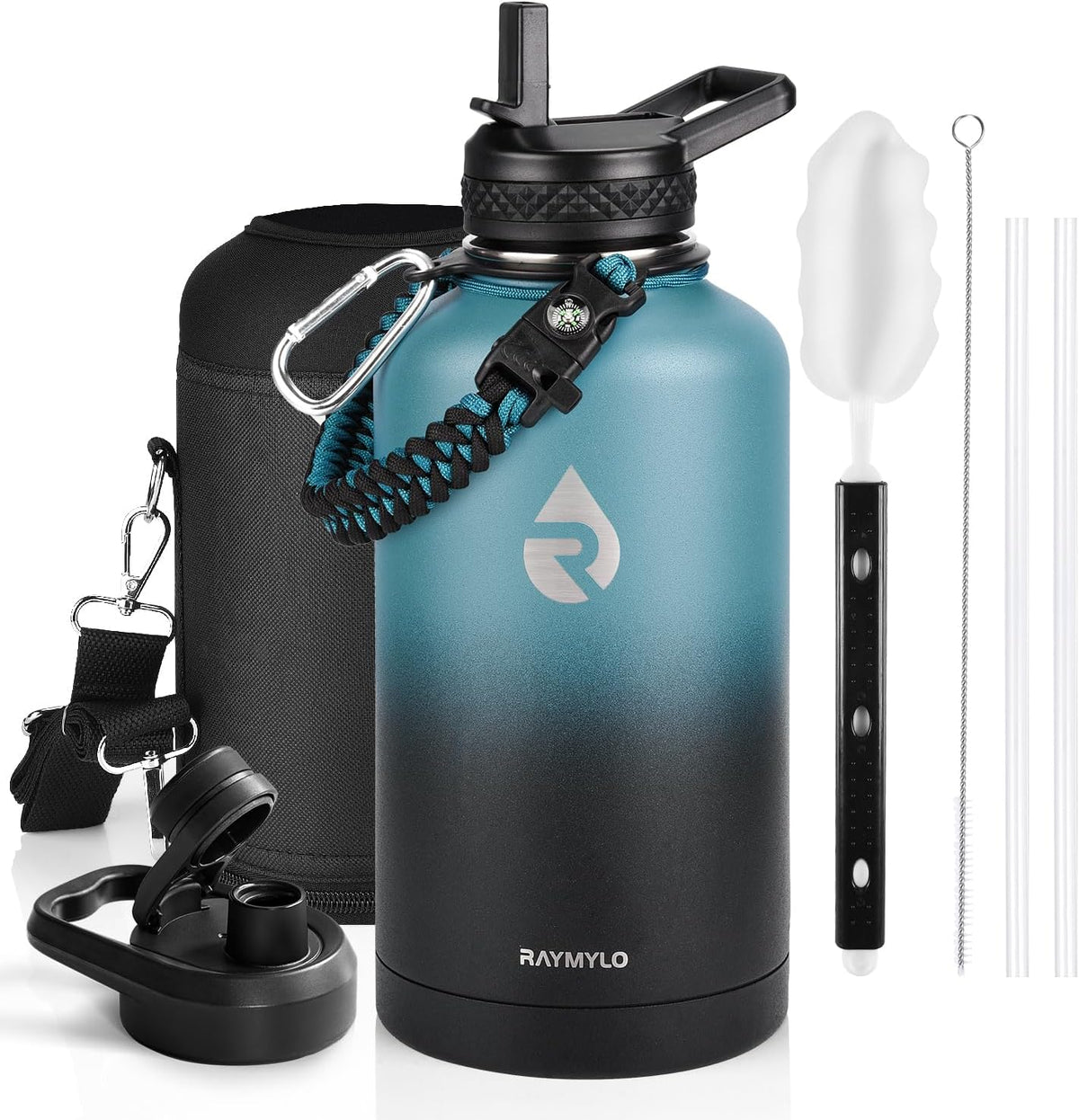 Insulated Water Bottle 64 oz Triple Wall Vacuum Stainless Steel Leak Proof Non-BPA Half Gallon Water Flask Jug with Paracord Handle and Straw Spout Lids