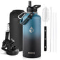 Insulated Water Bottle 64 oz Triple Wall Vacuum Stainless Steel Leak Proof Non-BPA Half Gallon Water Flask Jug with Paracord Handle and Straw Spout Lids