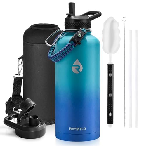 Insulated Water Bottle 64 oz Triple Wall Vacuum Stainless Steel Leak Proof Non-BPA Half Gallon Water Flask Jug with Paracord Handle and Straw Spout Lids