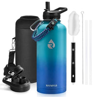 Insulated Water Bottle 64 oz Triple Wall Vacuum Stainless Steel Leak Proof Non-BPA Half Gallon Water Flask Jug with Paracord Handle and Straw Spout Lids