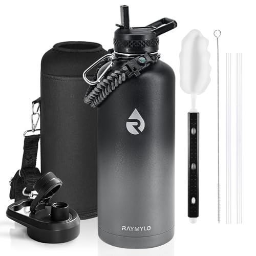 Insulated Water Bottle 64 oz Triple Wall Vacuum Stainless Steel Leak Proof Non-BPA Half Gallon Water Flask Jug with Paracord Handle and Straw Spout Lids