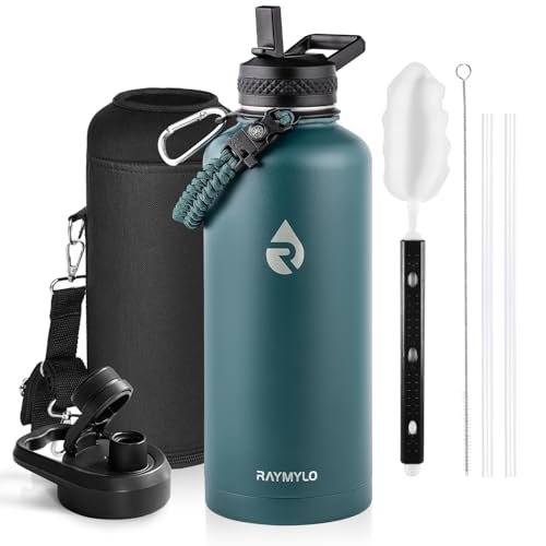 Insulated Water Bottle 64 oz Triple Wall Vacuum Stainless Steel Leak Proof Non-BPA Half Gallon Water Flask Jug with Paracord Handle and Straw Spout Lids