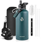 Insulated Water Bottle 64 oz Triple Wall Vacuum Stainless Steel Leak Proof Non-BPA Half Gallon Water Flask Jug with Paracord Handle and Straw Spout Lids