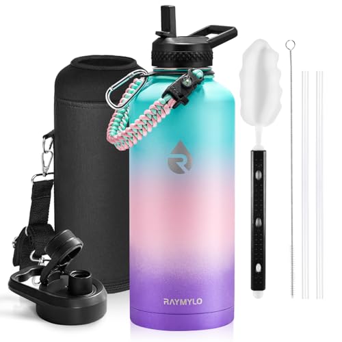 Insulated Water Bottle 64 oz Triple Wall Vacuum Stainless Steel Leak Proof Non-BPA Half Gallon Water Flask Jug with Paracord Handle and Straw Spout Lids