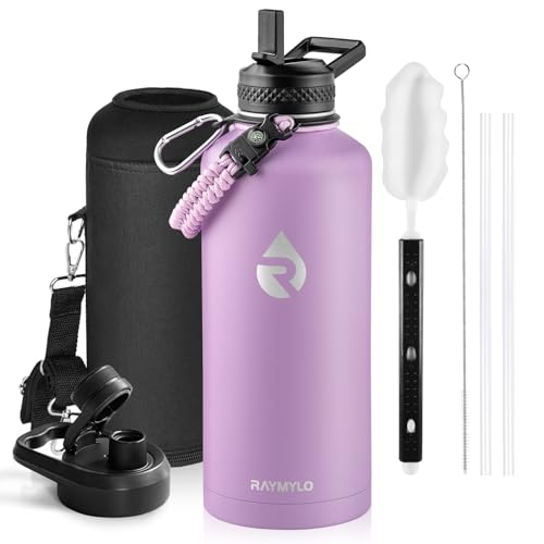 Insulated Water Bottle 64 oz Triple Wall Vacuum Stainless Steel Leak Proof Non-BPA Half Gallon Water Flask Jug with Paracord Handle and Straw Spout Lids