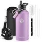 Insulated Water Bottle 64 oz Triple Wall Vacuum Stainless Steel Leak Proof Non-BPA Half Gallon Water Flask Jug with Paracord Handle and Straw Spout Lids