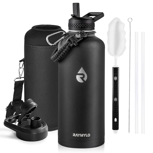 Insulated Water Bottle 64 oz Triple Wall Vacuum Stainless Steel Leak Proof Non-BPA Half Gallon Water Flask Jug with Paracord Handle and Straw Spout Lids