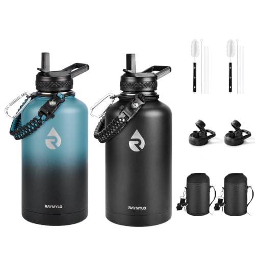 Insulated Water Bottle 64 oz Triple Wall Vacuum Stainless Steel Leak Proof Non-BPA Half Gallon Water Flask Jug with Paracord Handle and Straw Spout Lids