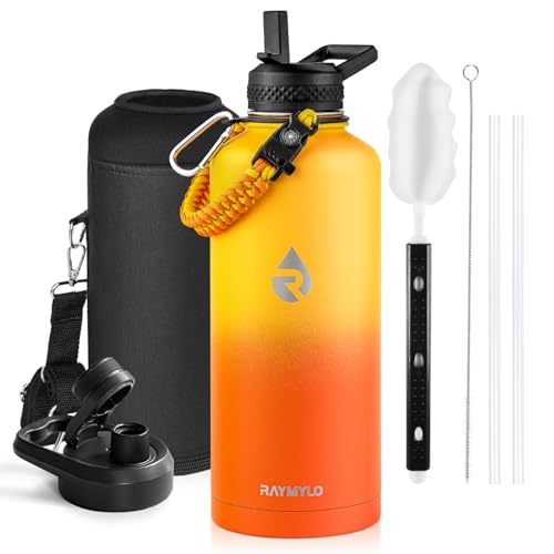 Insulated Water Bottle 64 oz Triple Wall Vacuum Stainless Steel Leak Proof Non-BPA Half Gallon Water Flask Jug with Paracord Handle and Straw Spout Lids
