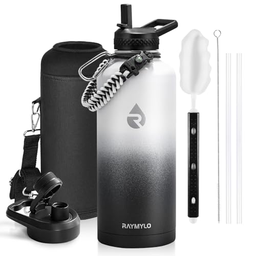 Insulated Water Bottle 64 oz Triple Wall Vacuum Stainless Steel Leak Proof Non-BPA Half Gallon Water Flask Jug with Paracord Handle and Straw Spout Lids