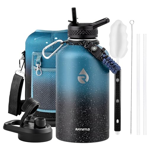 Insulated Water Bottle 64 oz Triple Wall Vacuum Stainless Steel Leak Proof Non-BPA Half Gallon Water Flask Jug with Paracord Handle and Straw Spout Lids