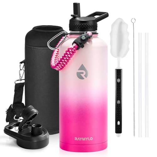 Insulated Water Bottle 64 oz Triple Wall Vacuum Stainless Steel Leak Proof Non-BPA Half Gallon Water Flask Jug with Paracord Handle and Straw Spout Lids