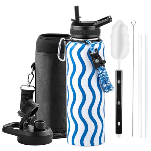 Insulated Water Bottle 64 oz Triple Wall Vacuum Stainless Steel Leak Proof Non-BPA Half Gallon Water Flask Jug with Paracord Handle and Straw Spout Lids