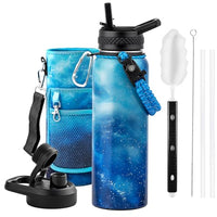 Insulated Water Bottle 64 oz Triple Wall Vacuum Stainless Steel Leak Proof Non-BPA Half Gallon Water Flask Jug with Paracord Handle and Straw Spout Lids