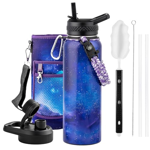 Insulated Water Bottle 64 oz Triple Wall Vacuum Stainless Steel Leak Proof Non-BPA Half Gallon Water Flask Jug with Paracord Handle and Straw Spout Lids