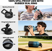 Insulated Water Bottle 64 oz Triple Wall Vacuum Stainless Steel Leak Proof Non-BPA Half Gallon Water Flask Jug with Paracord Handle and Straw Spout Lids