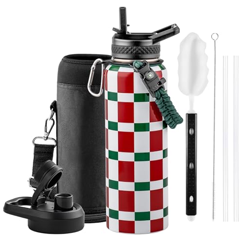 Insulated Water Bottle 64 oz Triple Wall Vacuum Stainless Steel Leak Proof Non-BPA Half Gallon Water Flask Jug with Paracord Handle and Straw Spout Lids