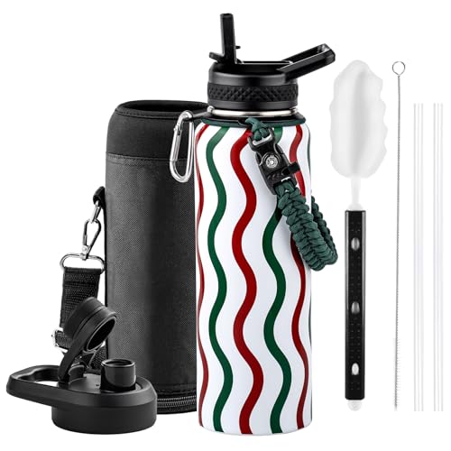 Insulated Water Bottle 64 oz Triple Wall Vacuum Stainless Steel Leak Proof Non-BPA Half Gallon Water Flask Jug with Paracord Handle and Straw Spout Lids