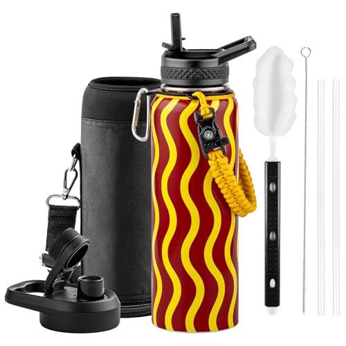 Insulated Water Bottle 64 oz Triple Wall Vacuum Stainless Steel Leak Proof Non-BPA Half Gallon Water Flask Jug with Paracord Handle and Straw Spout Lids
