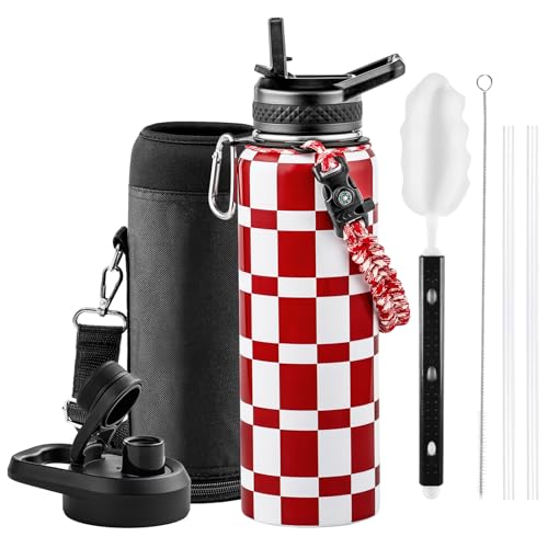 Insulated Water Bottle 64 oz Triple Wall Vacuum Stainless Steel Leak Proof Non-BPA Half Gallon Water Flask Jug with Paracord Handle and Straw Spout Lids