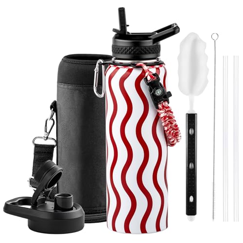 Insulated Water Bottle 64 oz Triple Wall Vacuum Stainless Steel Leak Proof Non-BPA Half Gallon Water Flask Jug with Paracord Handle and Straw Spout Lids