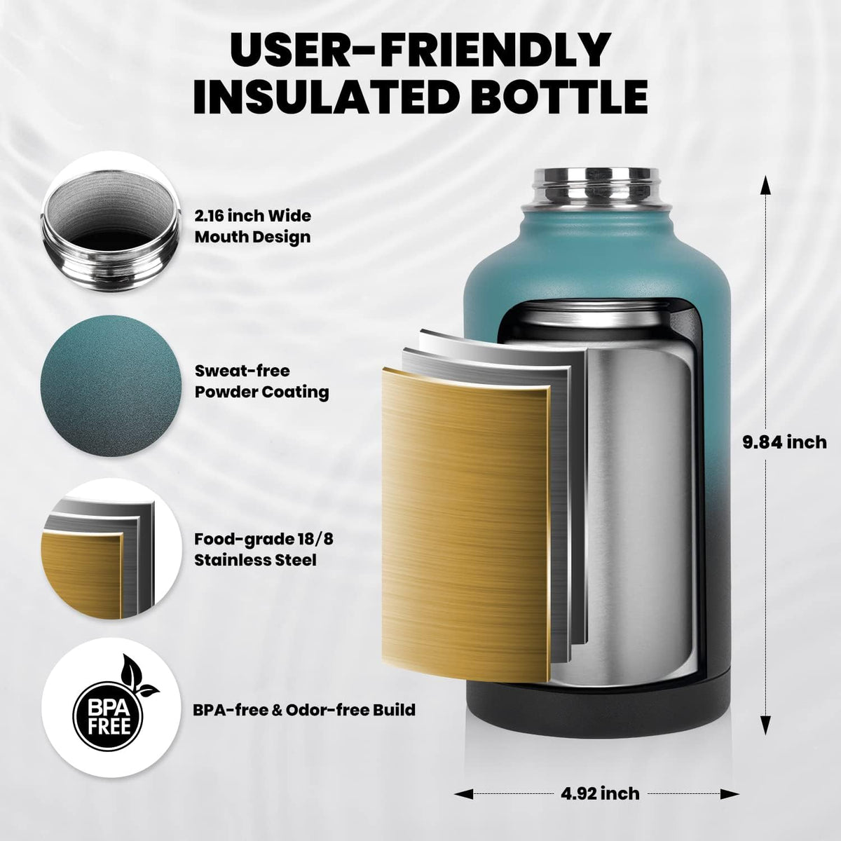 Insulated Water Bottle 64 oz Triple Wall Vacuum Stainless Steel Leak Proof Non-BPA Half Gallon Water Flask Jug with Paracord Handle and Straw Spout Lids