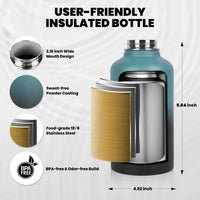 Insulated Water Bottle 64 oz Triple Wall Vacuum Stainless Steel Leak Proof Non-BPA Half Gallon Water Flask Jug with Paracord Handle and Straw Spout Lids