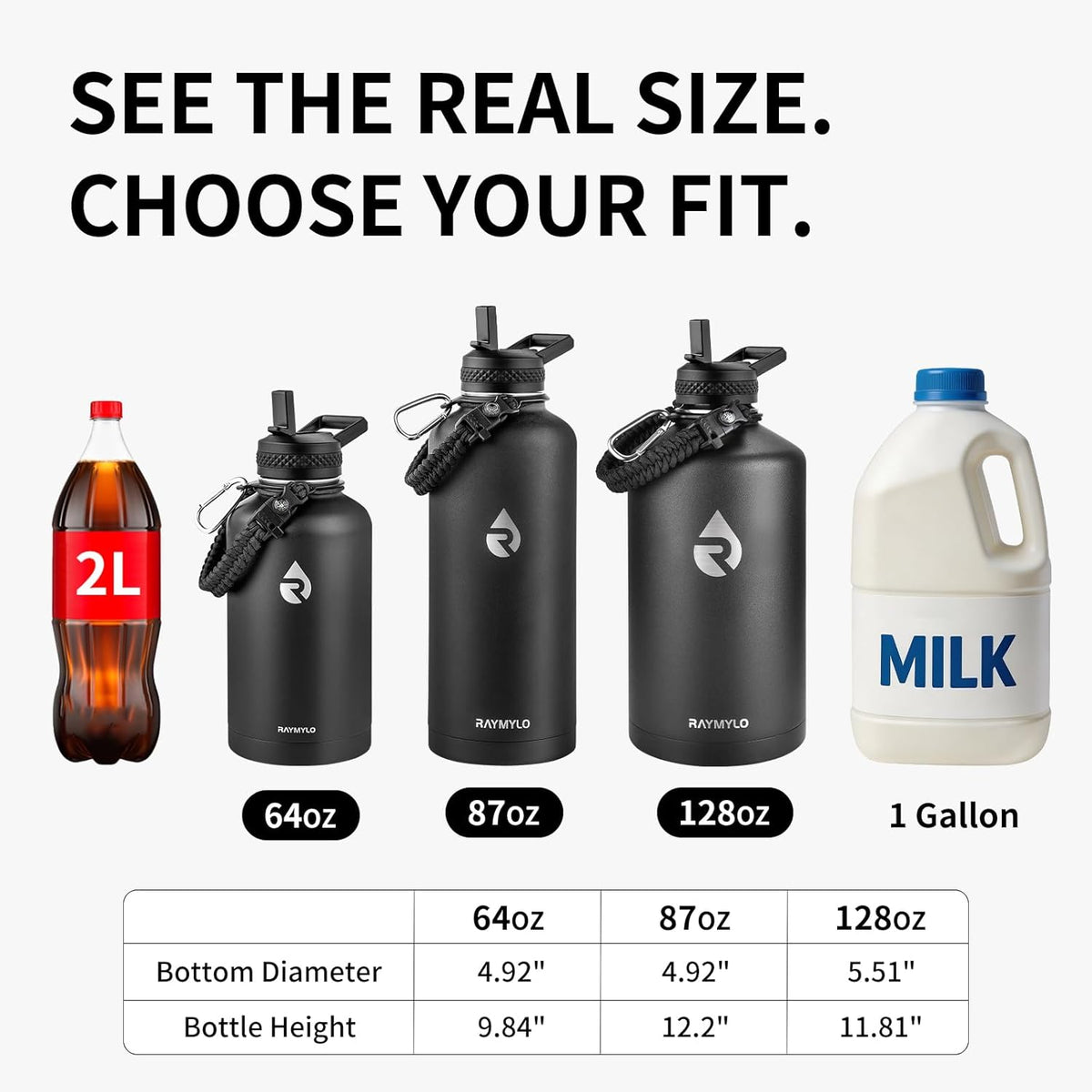 Insulated Water Bottle 64 oz Triple Wall Vacuum Stainless Steel Leak Proof Non-BPA Half Gallon Water Flask Jug with Paracord Handle and Straw Spout Lids