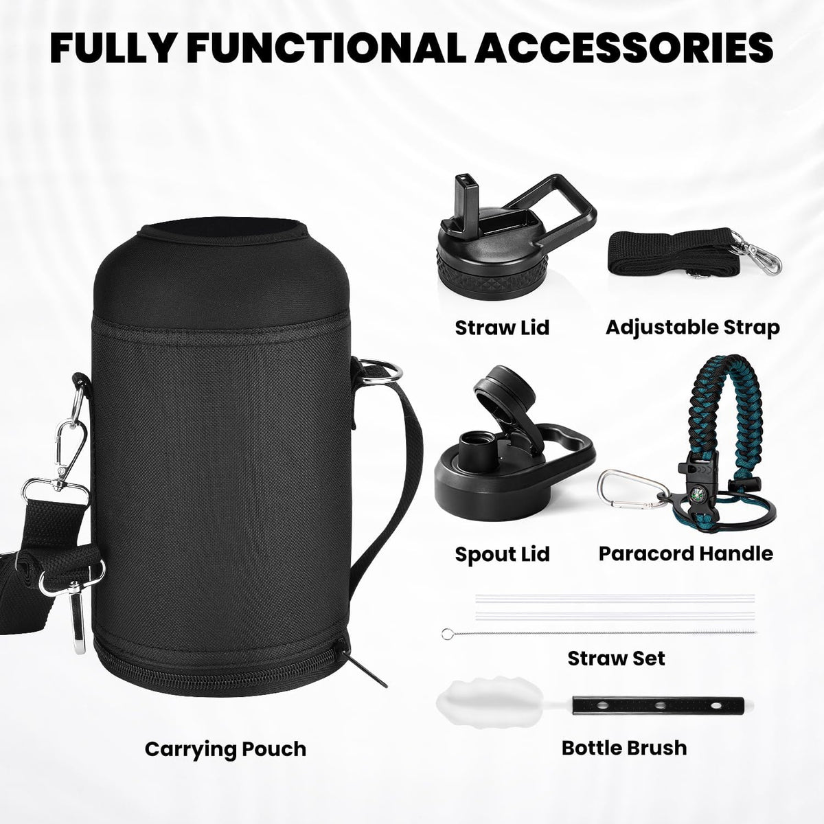 Insulated Water Bottle 64 oz Triple Wall Vacuum Stainless Steel Leak Proof Non-BPA Half Gallon Water Flask Jug with Paracord Handle and Straw Spout Lids