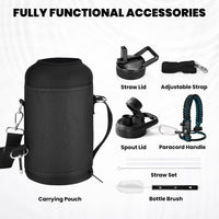 Insulated Water Bottle 64 oz Triple Wall Vacuum Stainless Steel Leak Proof Non-BPA Half Gallon Water Flask Jug with Paracord Handle and Straw Spout Lids