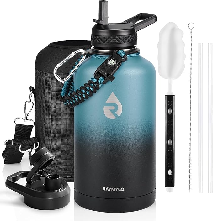 Insulated Water Bottle 64 oz Triple Wall Vacuum Stainless Steel Leak Proof Non-BPA Half Gallon Water Flask Jug with Paracord Handle and Straw Spout Lids