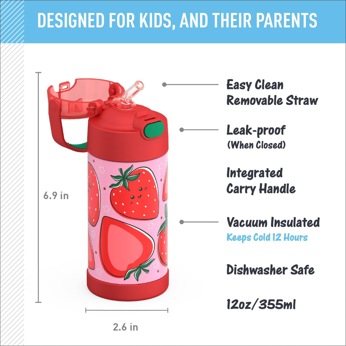 Kids 12 oz Vacuum Insulated Stainless Steel Water Bottle with Straw, BPA-Free, Leak Proof, Dishwasher Safe