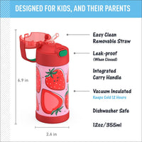 Kids 12 oz Vacuum Insulated Stainless Steel Water Bottle with Straw, BPA-Free, Leak Proof, Dishwasher Safe