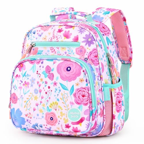 Kids Backpack 15 Inch School Bookbag for Girls Elementary with Insulated Pocket Flower Pink