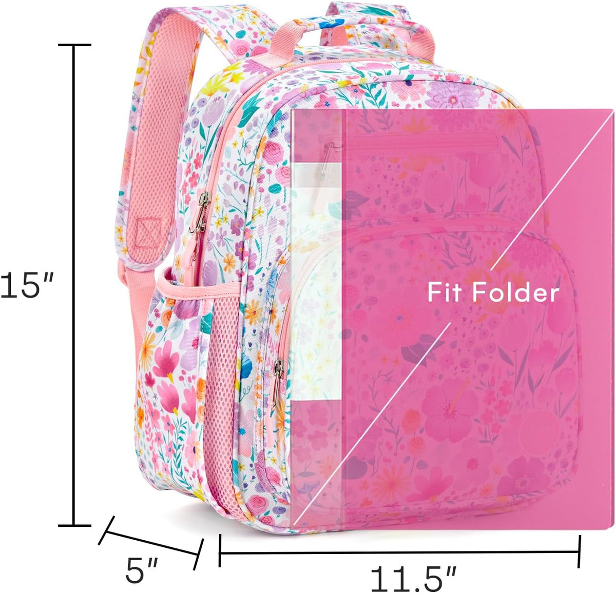 Kids Backpack 15 Inch School Bookbag for Girls Elementary with Insulated Pocket Flower Pink