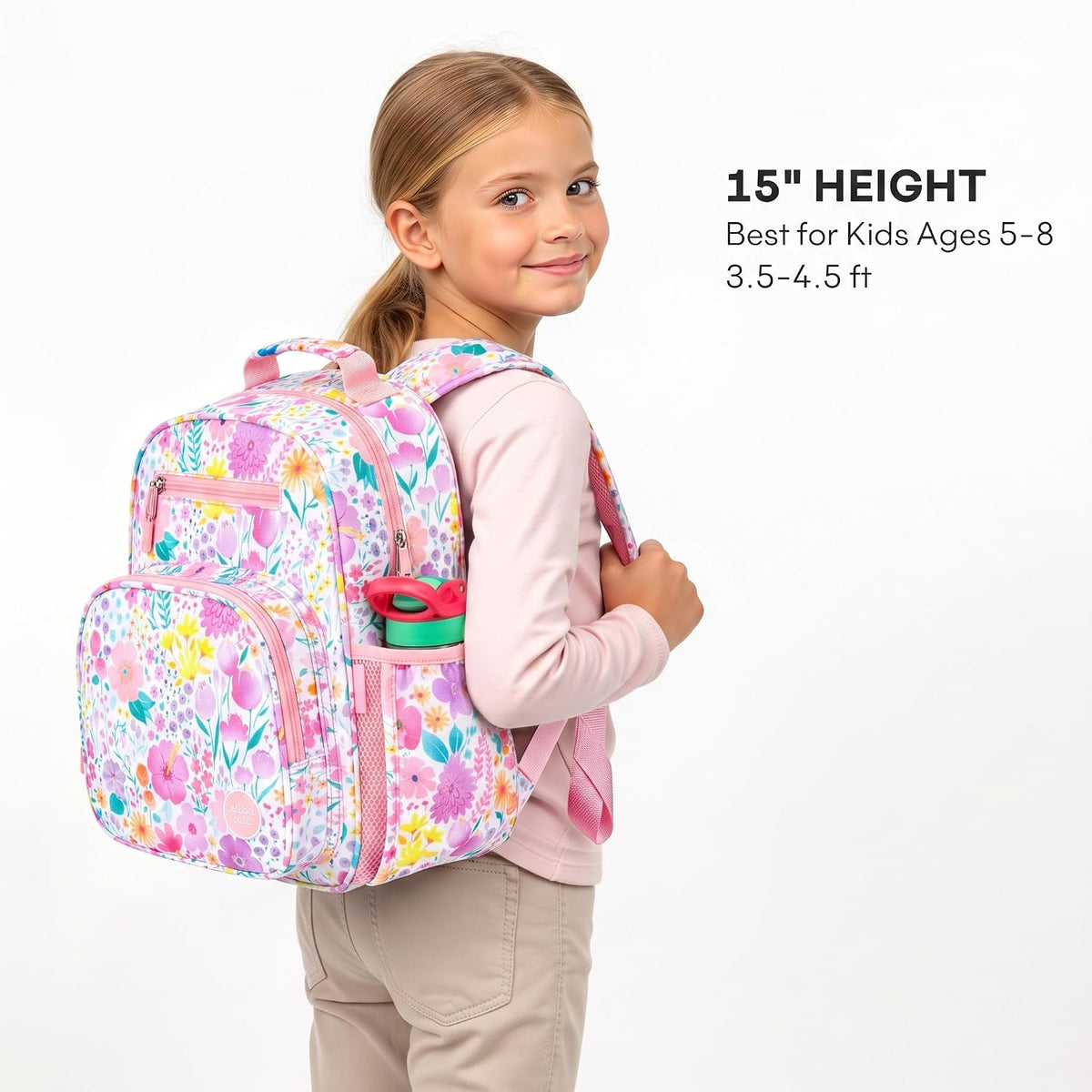 Kids Backpack 15 Inch School Bookbag for Girls Elementary with Insulated Pocket Flower Pink