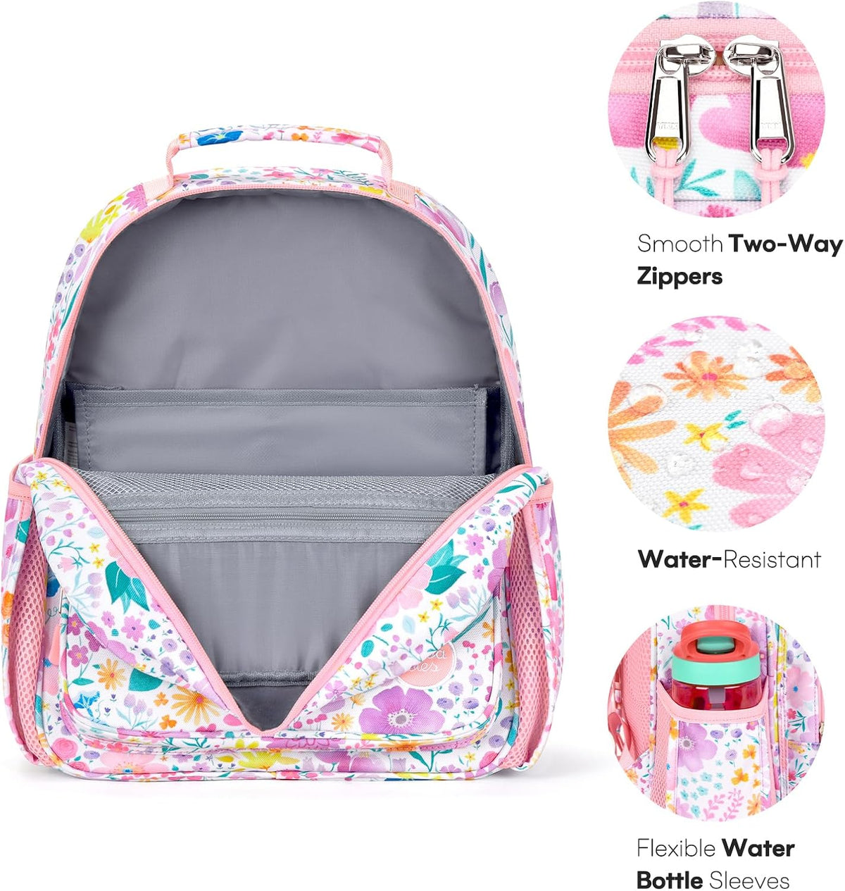 Kids Backpack 15 Inch School Bookbag for Girls Elementary with Insulated Pocket Flower Pink