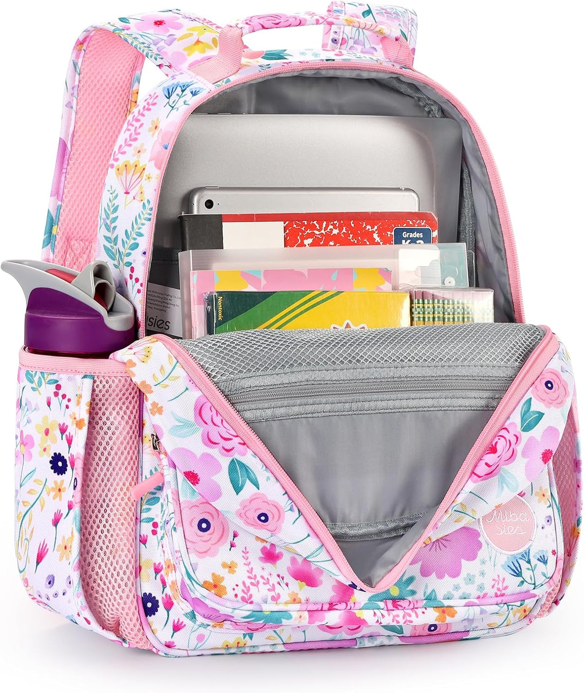 Kids Backpack 15 Inch School Bookbag for Girls Elementary with Insulated Pocket Flower Pink