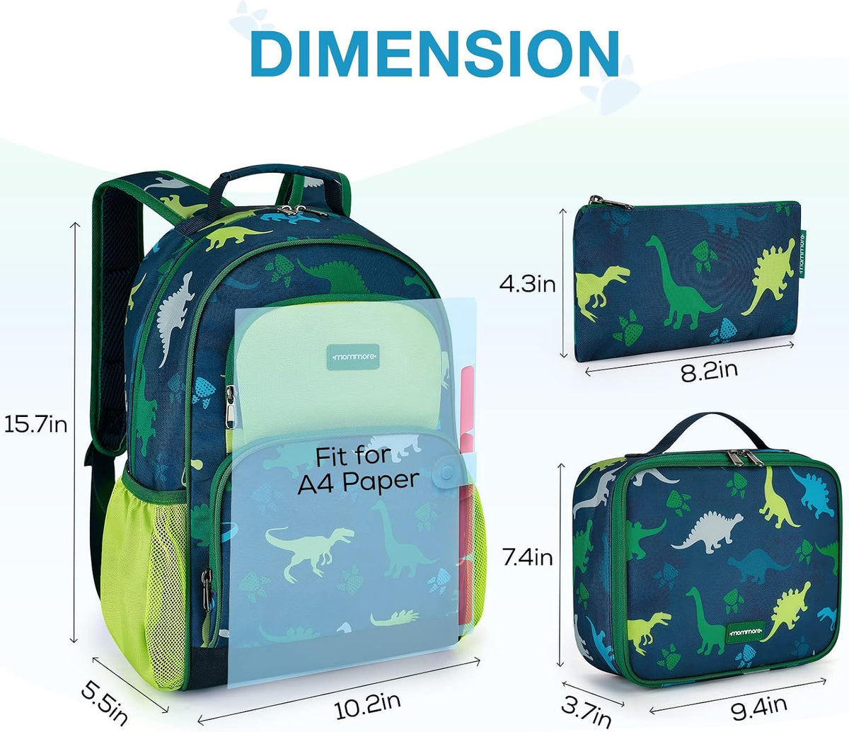 Kids Backpack Set 3 PCS with Lunch Box & Pencil Case 15.7 Inch School Bookbag for Boys Girls Ages 4-8 Lightweight Water Resistant